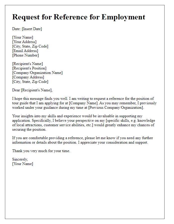 Letter template of request for tour guide reference for employment.