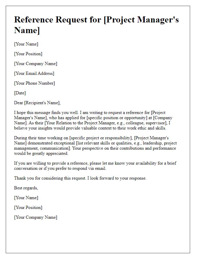 Letter template of Project Manager Reference Request Template