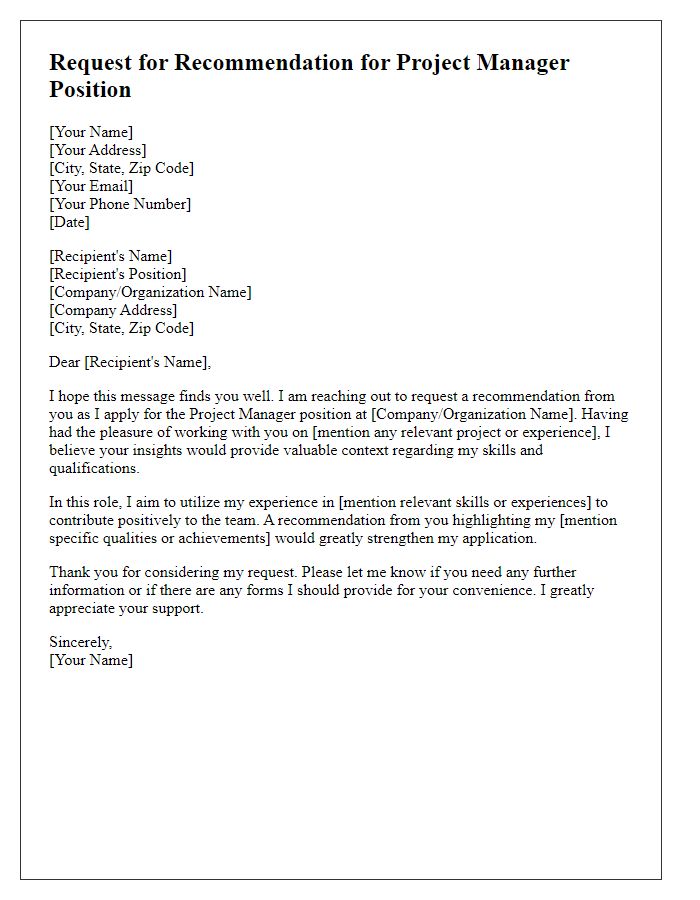 Letter template of Request for Recommendation for Project Manager