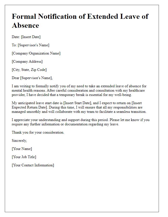 Letter template of formal notification for an extended leave of absence for mental health