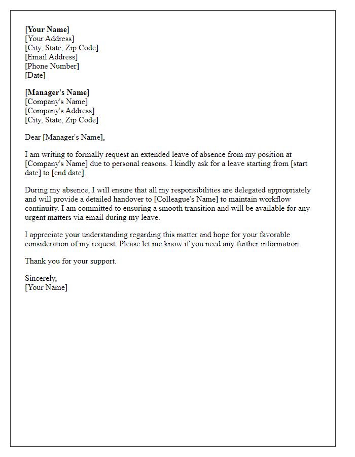 Letter template of formal request for extended leave of absence due to personal reasons