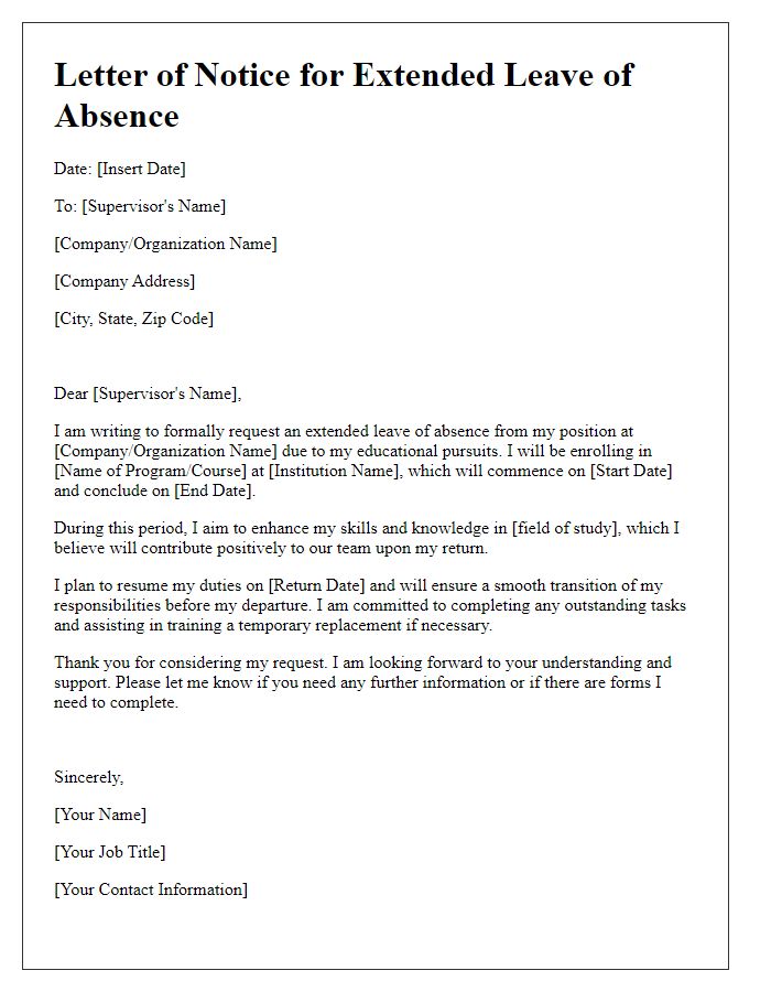 Letter template of notice for extended leave of absence due to educational pursuits