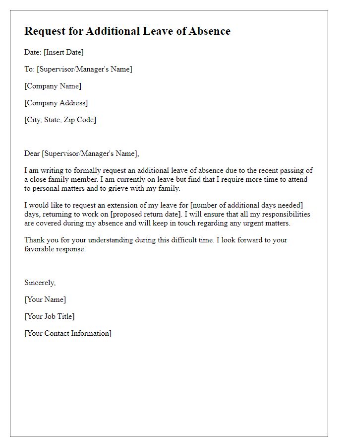 Letter template of request for additional leave of absence for bereavement