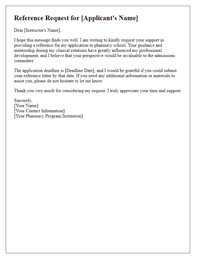 Letter template of pharmacy school reference request for a clinical instructor