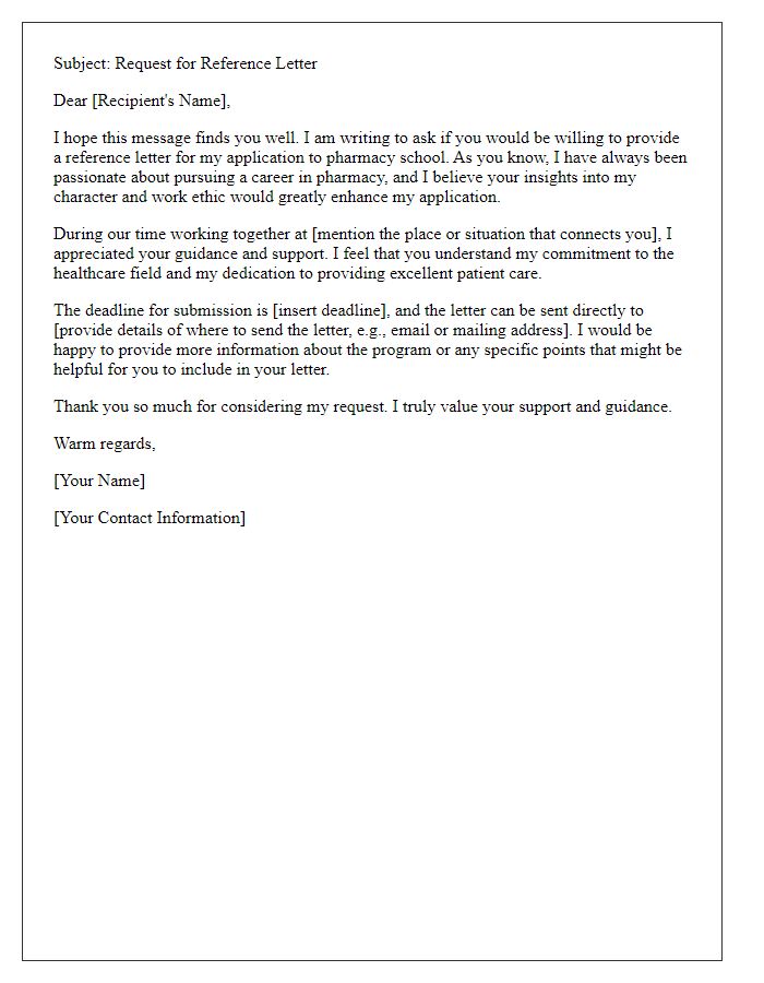 Letter template of pharmacy school reference request for a personal acquaintance