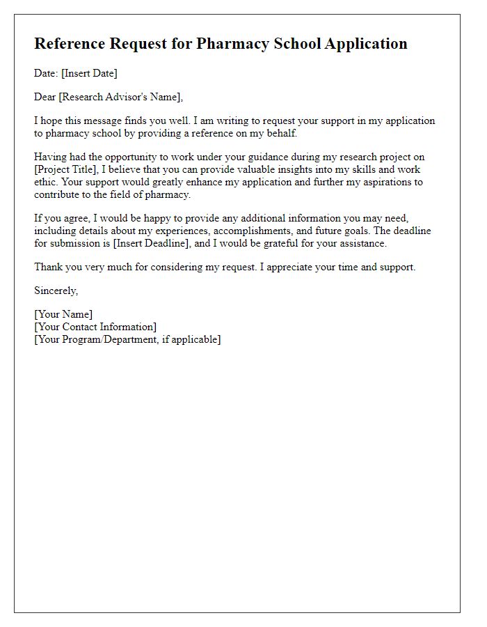 Letter template of pharmacy school reference request for a research advisor