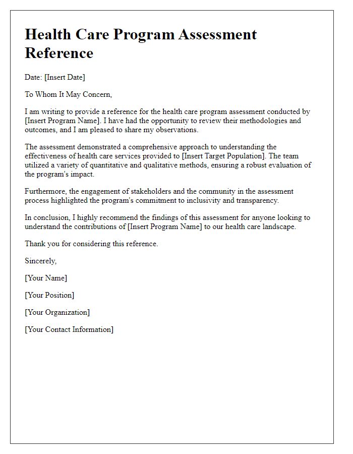 Letter template of health care program assessment reference