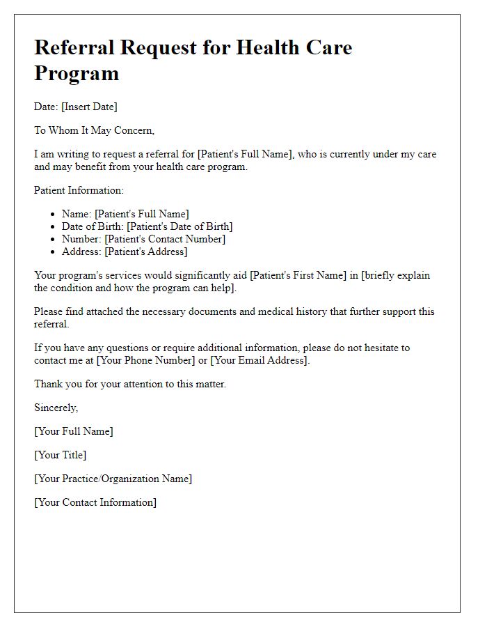 Letter template of health care program referral request