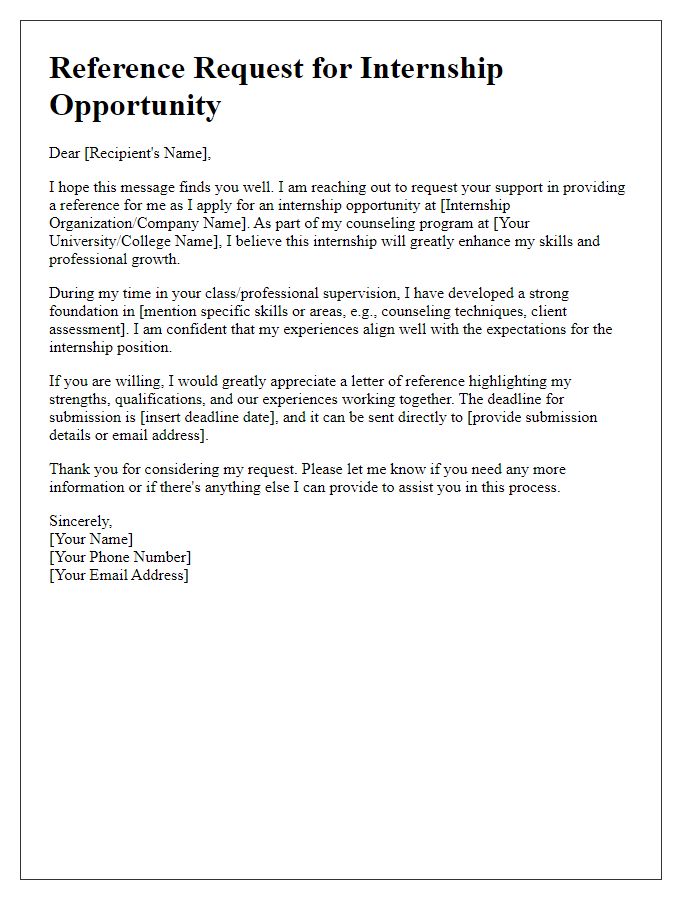 Letter template of counseling program reference request for internship opportunity