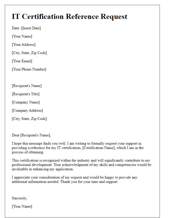 Letter template of IT certification reference request for industry recognition.