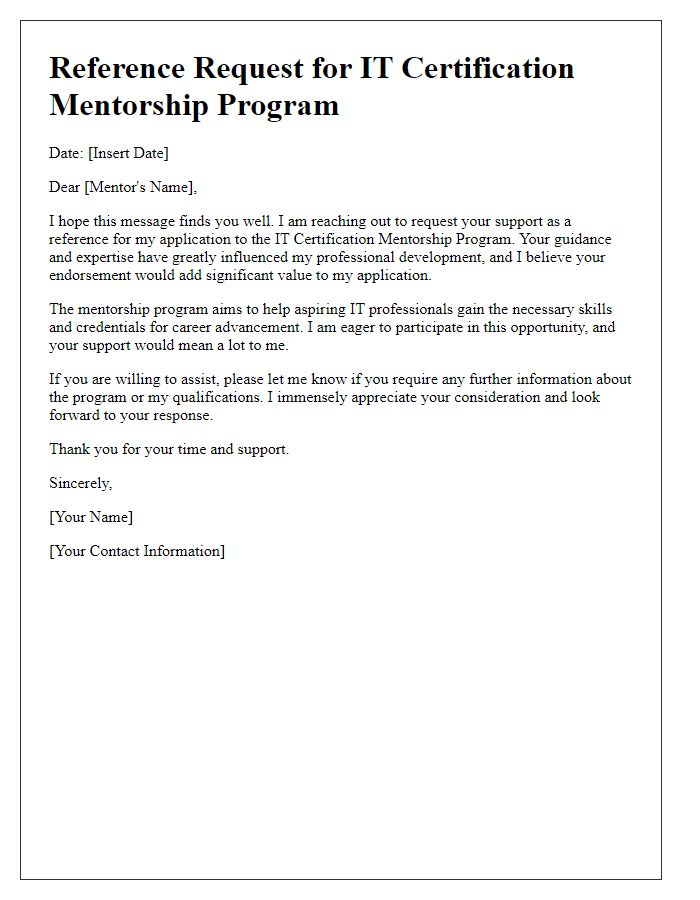 Letter template of IT certification reference request for mentorship programs.