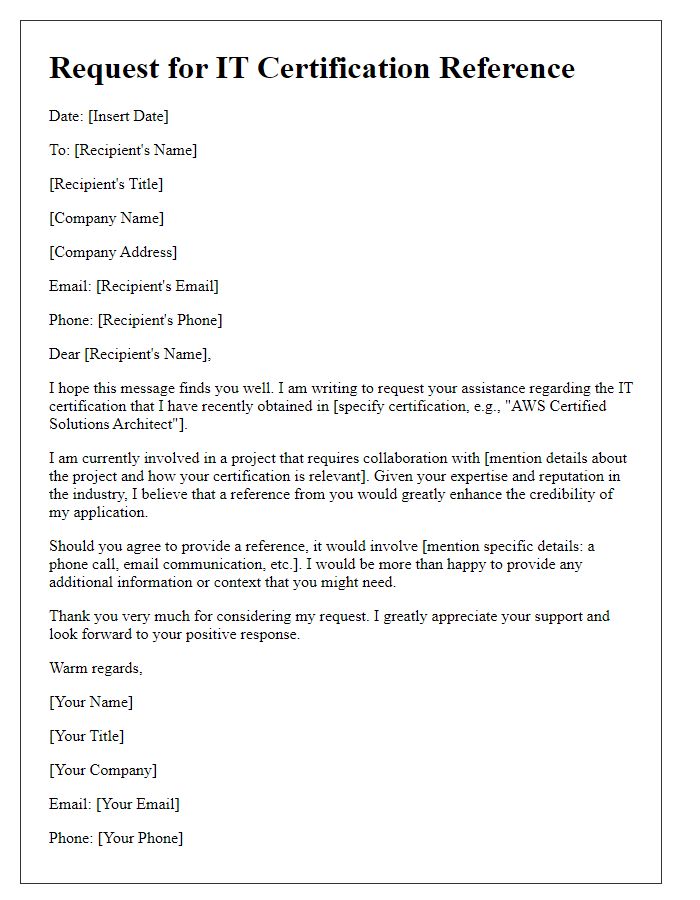 Letter template of IT certification reference request for project collaboration.