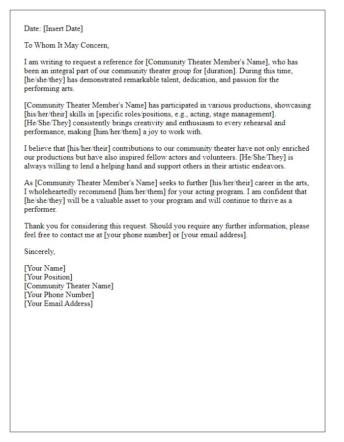 Letter template of acting program reference request for a community theater member.