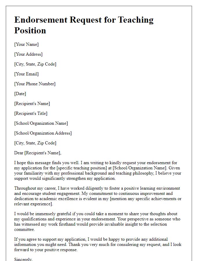 Letter template of endorsement request for teaching position application