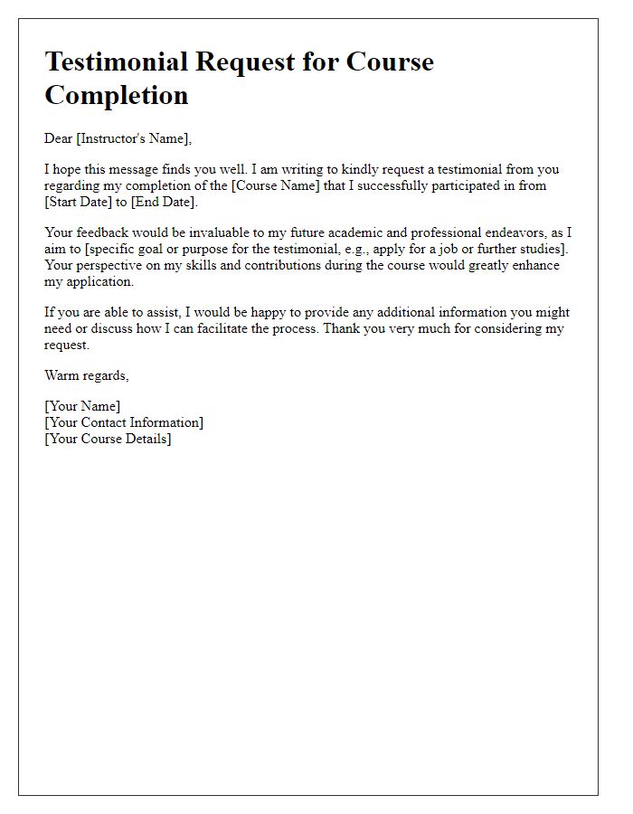 Letter template of testimonial request for educational course completion