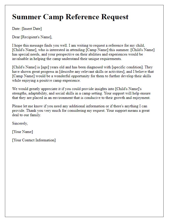 Letter template of summer camp reference request for a child with special needs.