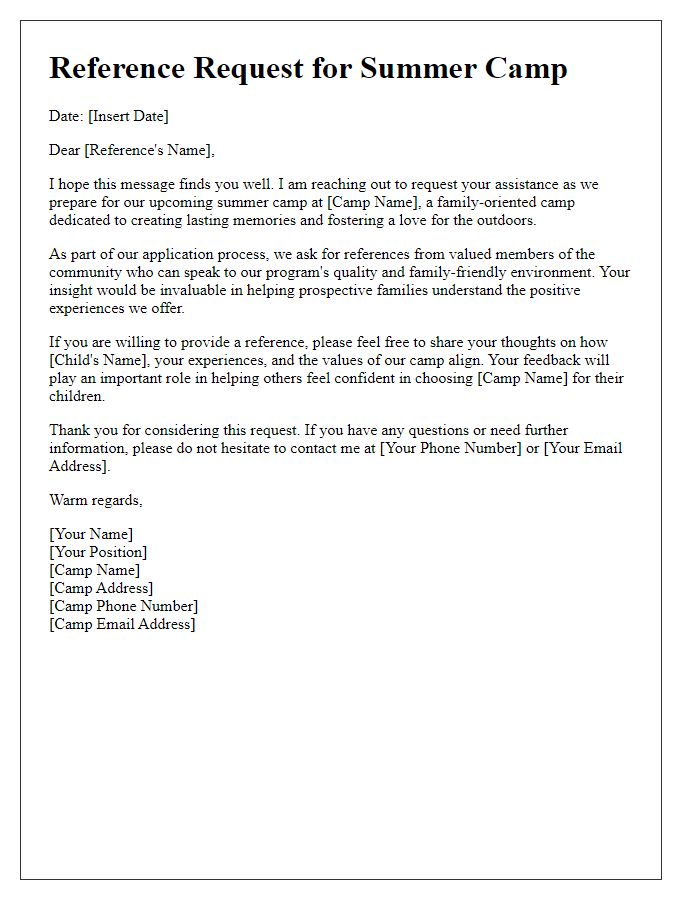 Letter template of summer camp reference request for a family-oriented camp.