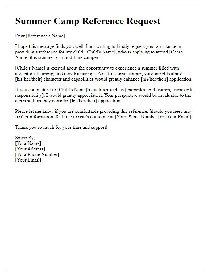 Letter template of summer camp reference request for a first-time camper.