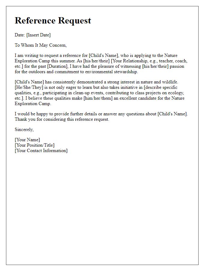 Letter template of summer camp reference request for a nature exploration camp.