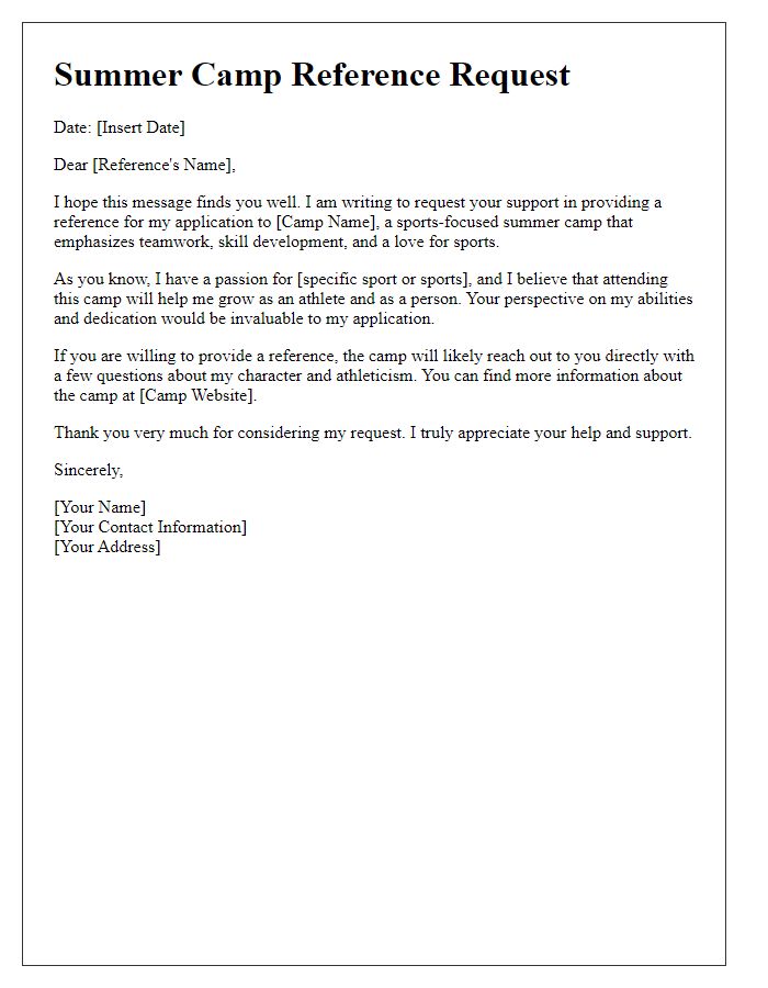 Letter template of summer camp reference request for a sports-focused camp.