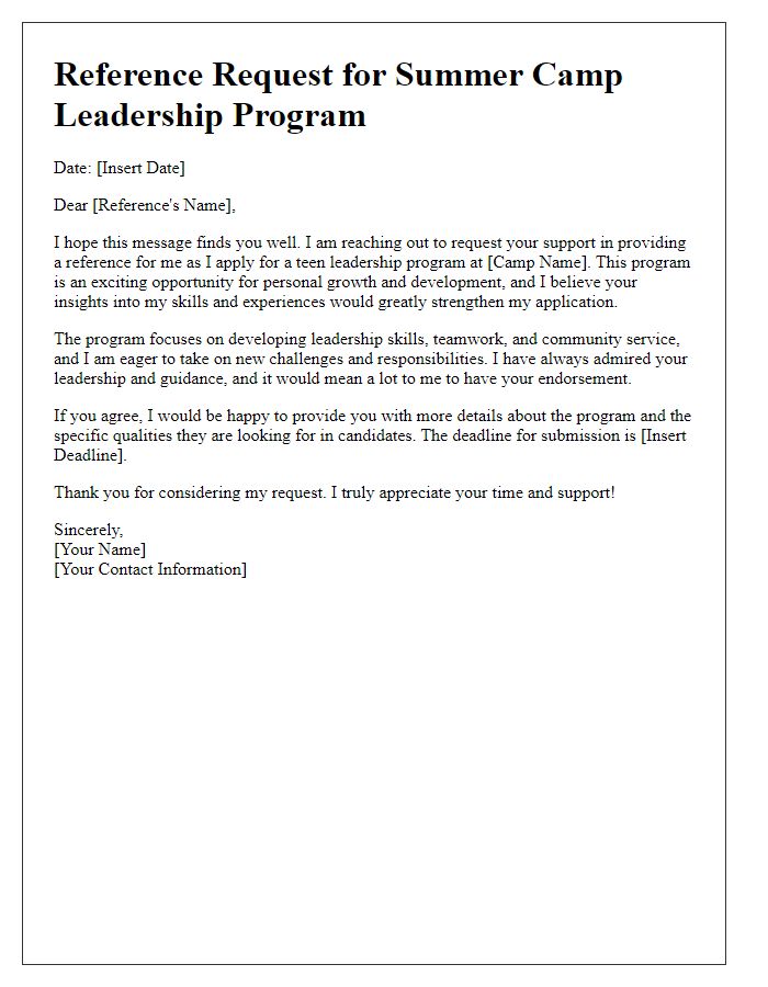 Letter template of summer camp reference request for a teen leadership program.