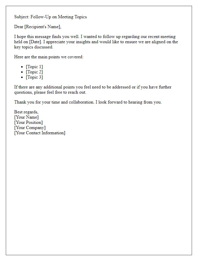 Letter template of follow-up to ensure clarity on meeting topics