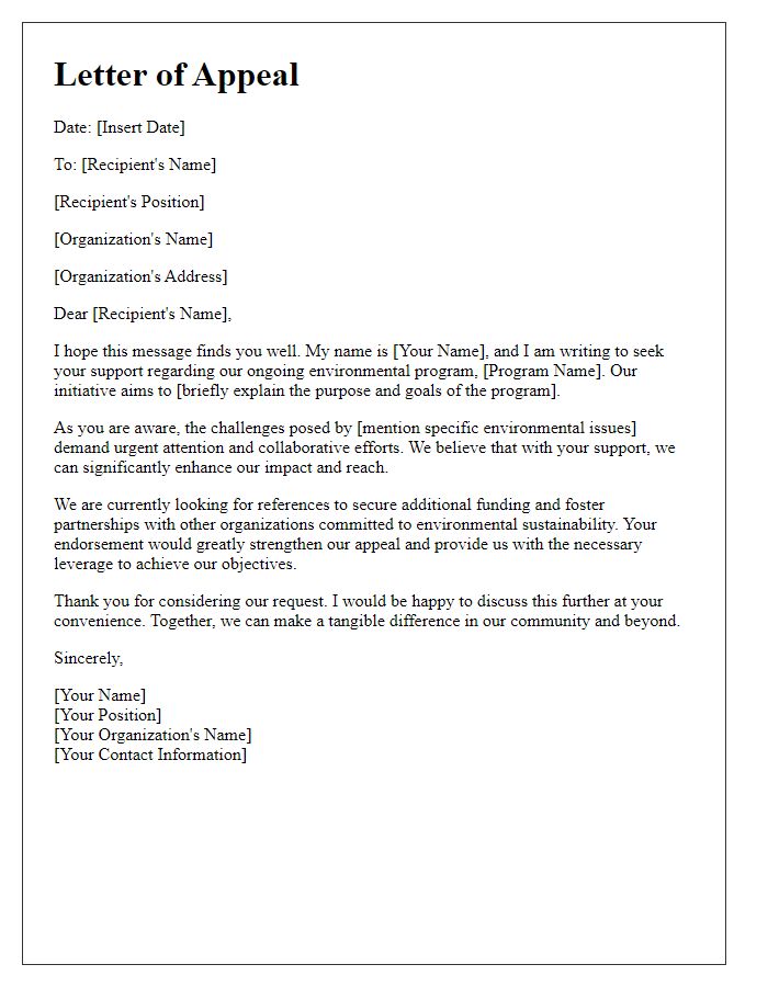 Letter template of appeal for environmental program reference support.