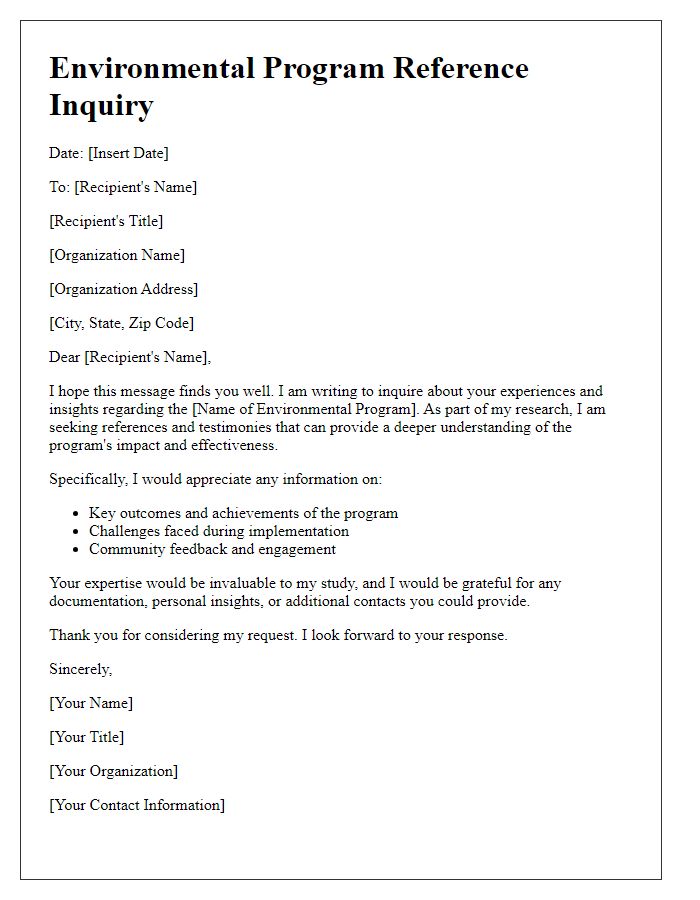 Letter template of environmental program reference inquiry.