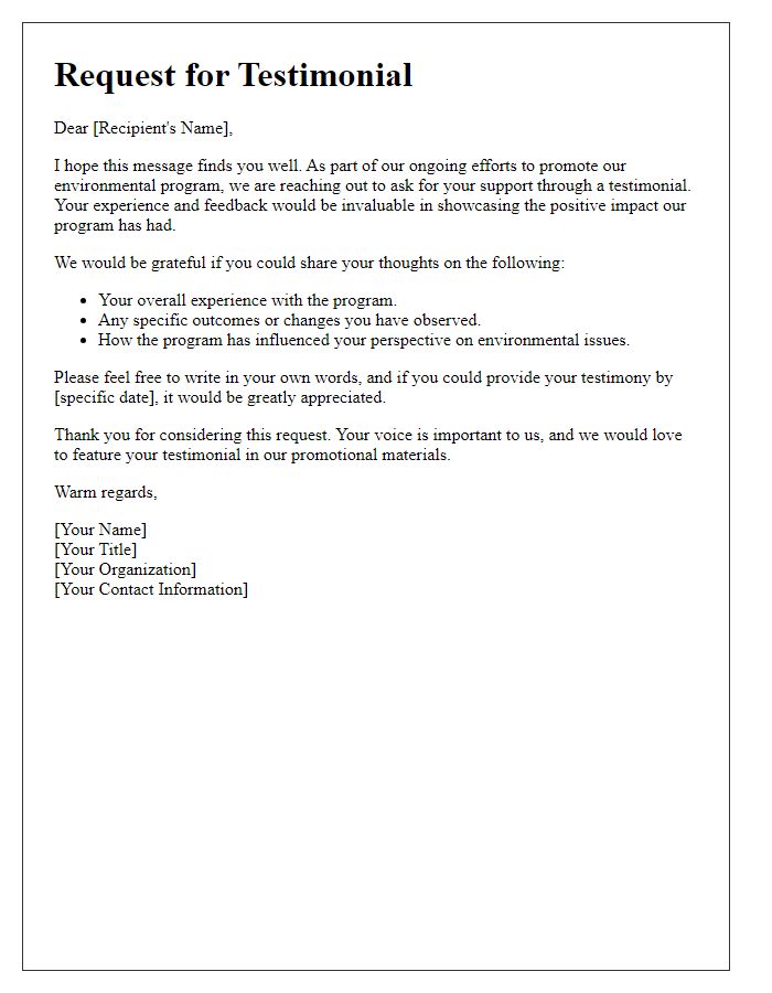 Letter template of environmental program testimonial request.