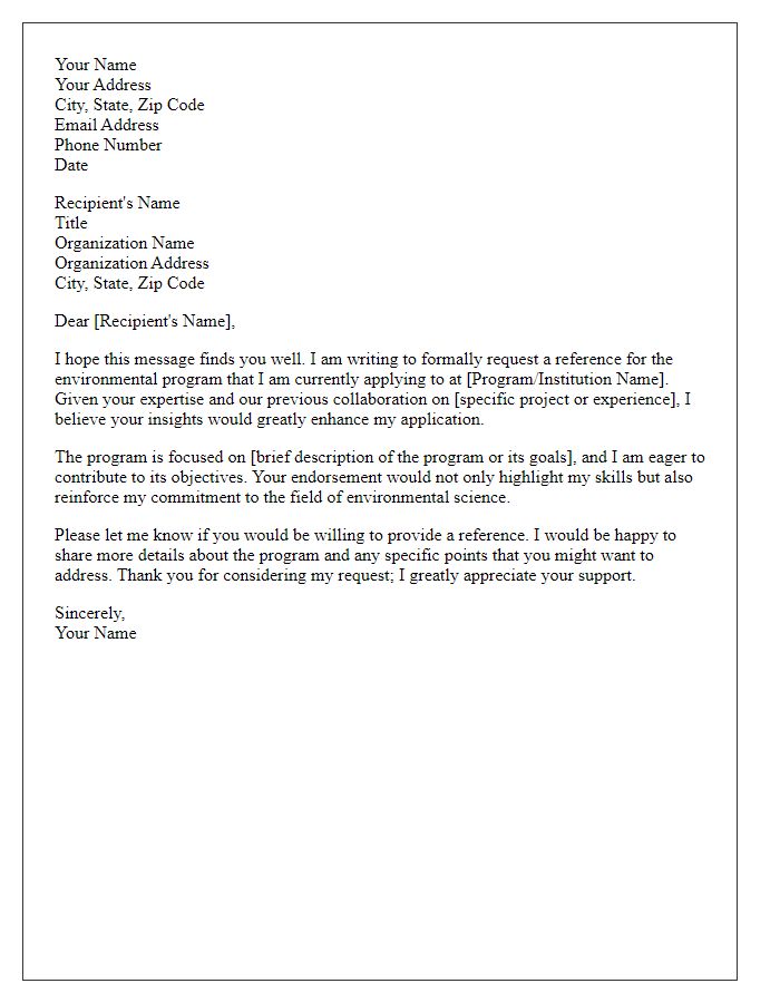 Letter template of formal request for environmental program reference.