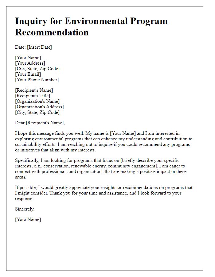 Letter template of inquiry for environmental program recommendation.