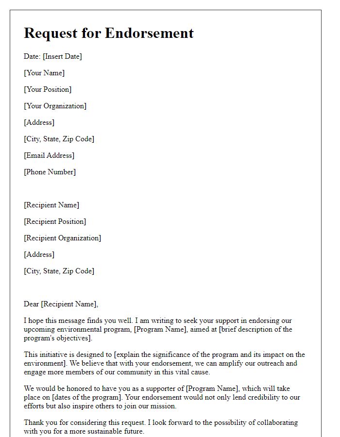 Letter template of request for endorsement of environmental program.