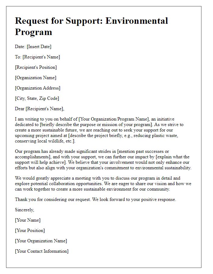 Letter template of support request for environmental program.