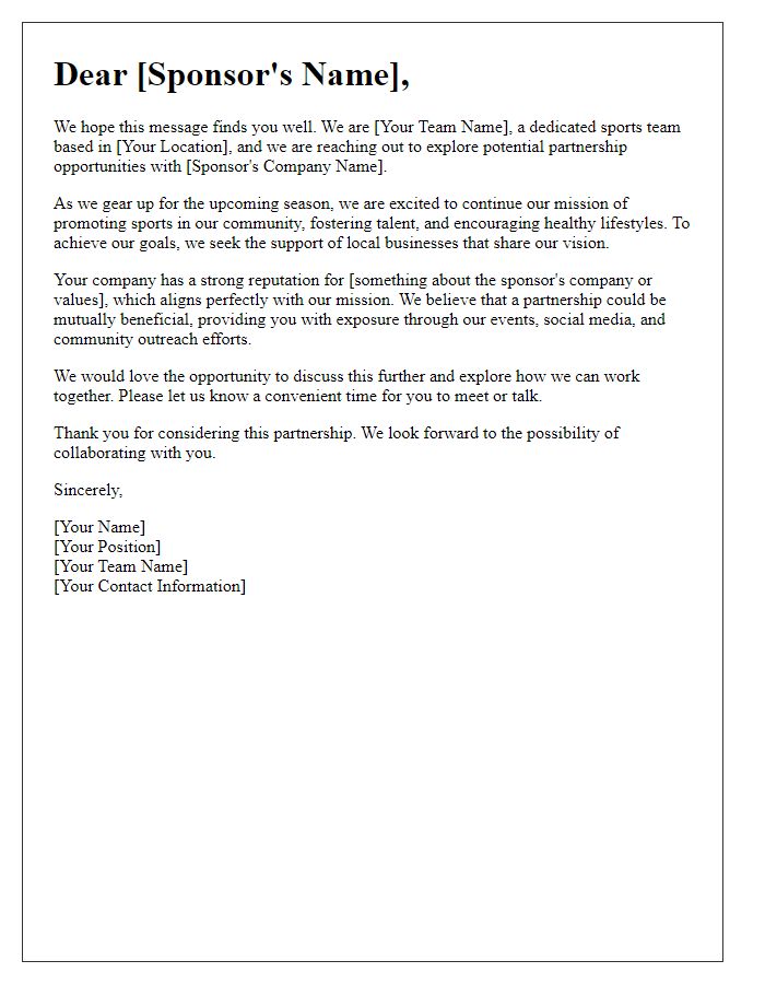 Letter template of sports team corporate sponsorship outreach