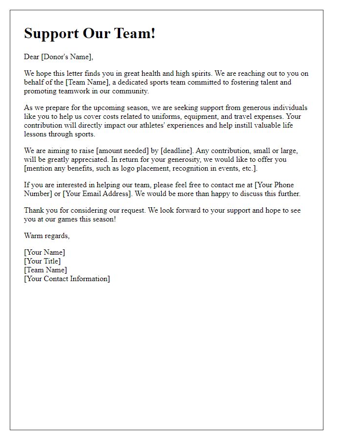 Letter template of sports team donation solicitation