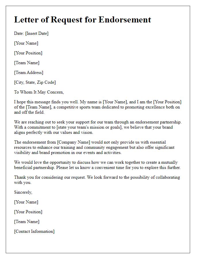 Letter template of sports team endorsement request