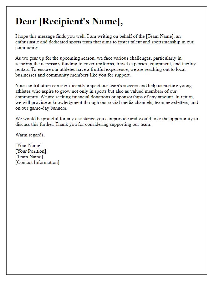 Letter template of sports team financial support appeal