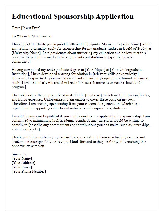 Letter template of educational sponsorship application for graduate school.