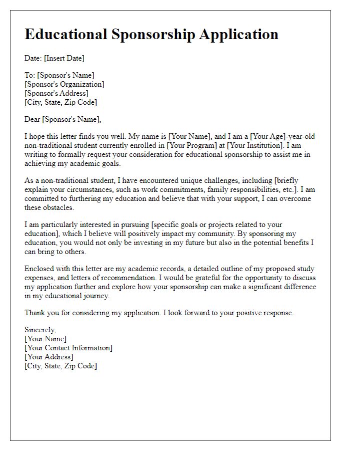 Letter template of educational sponsorship application for non-traditional students.