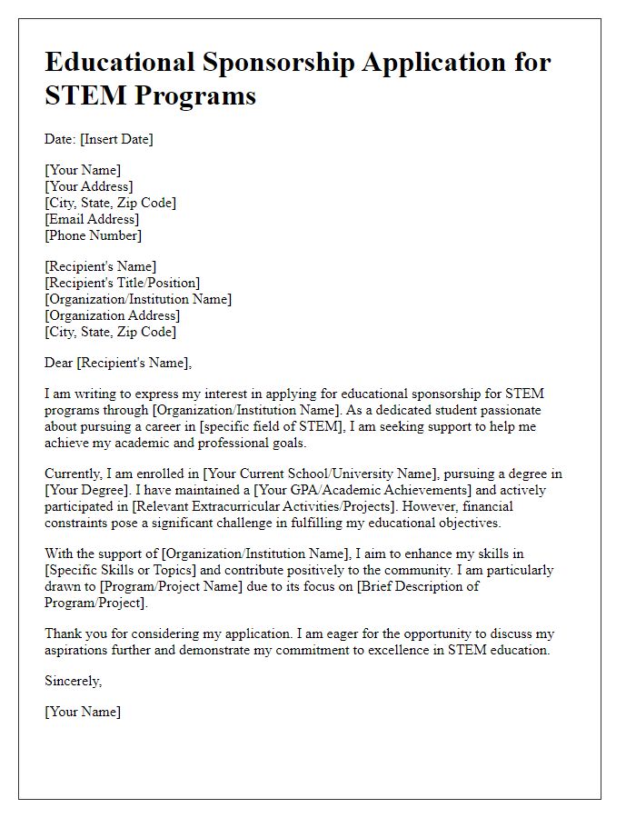 Letter template of educational sponsorship application for STEM programs.