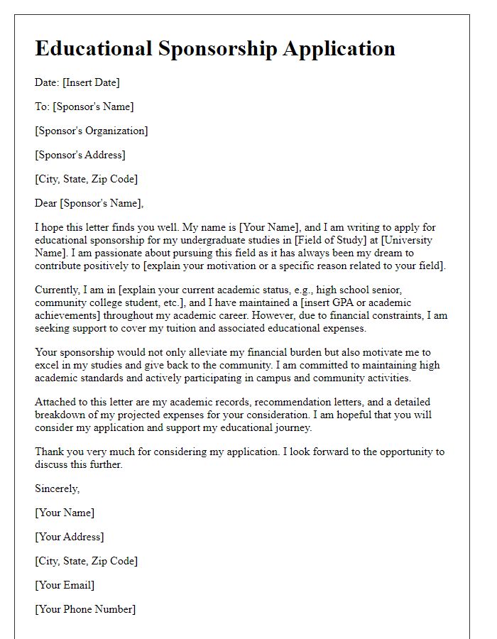 Letter template of educational sponsorship application for undergraduate studies.