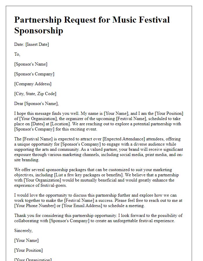 Letter template of partnership request for music festival sponsorship