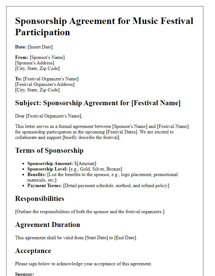 Letter template of sponsorship agreement for music festival participation