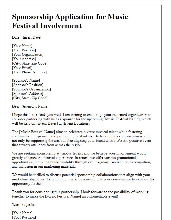 Letter template of sponsorship application for music festival involvement