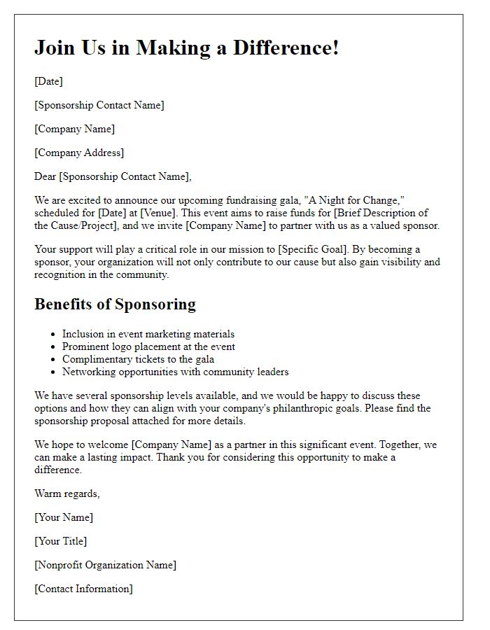 Letter template of nonprofit sponsorship appeal for fundraising gala.