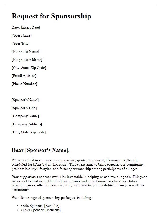 Letter template of nonprofit sponsorship communication for sports tournaments.