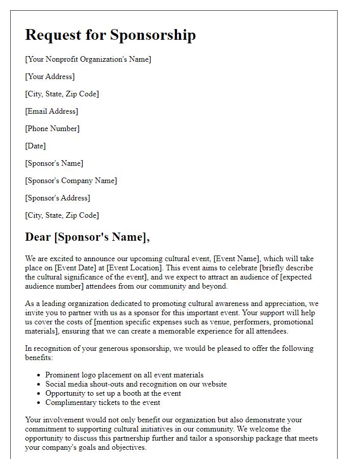 Letter template of nonprofit sponsorship message for cultural events.