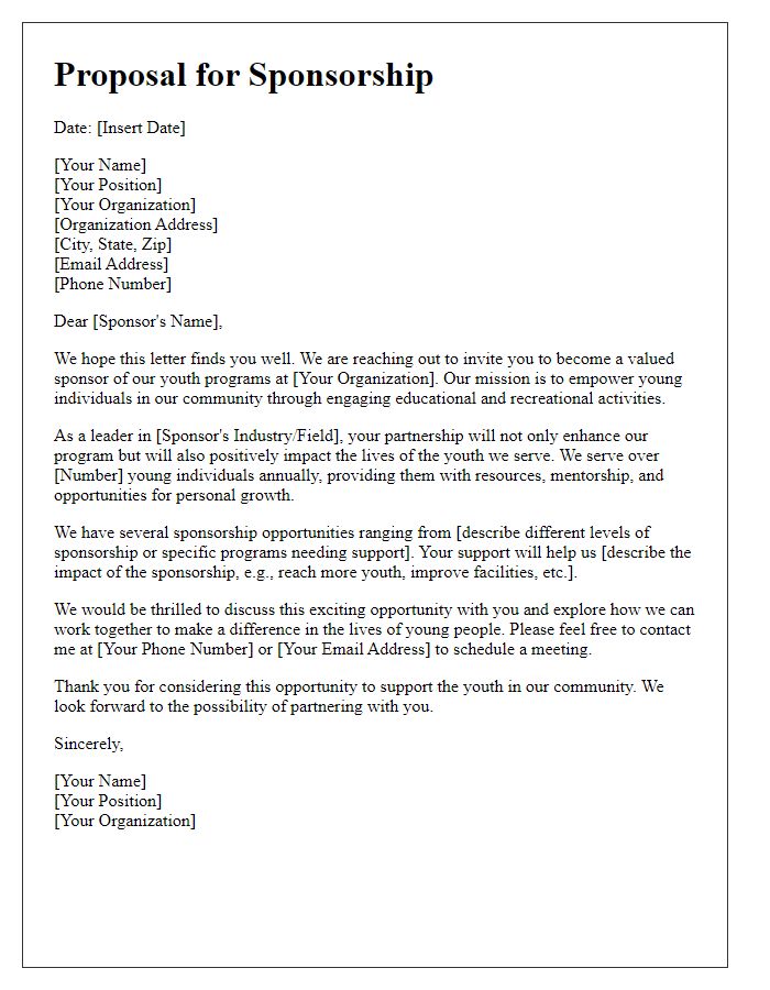 Letter template of nonprofit sponsorship proposal for youth programs.