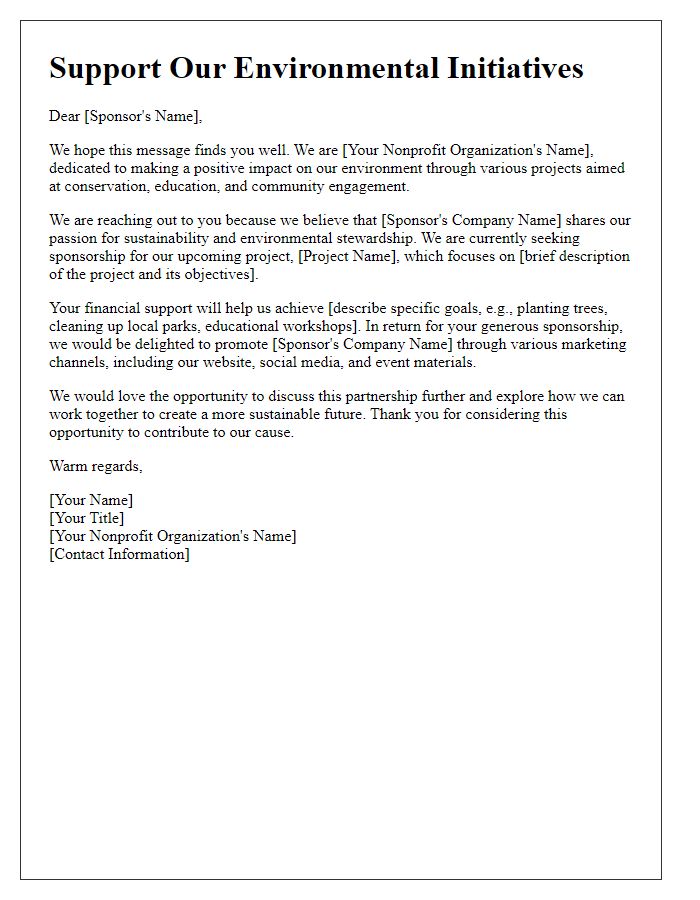 Letter template of nonprofit sponsorship solicitation for environmental projects.