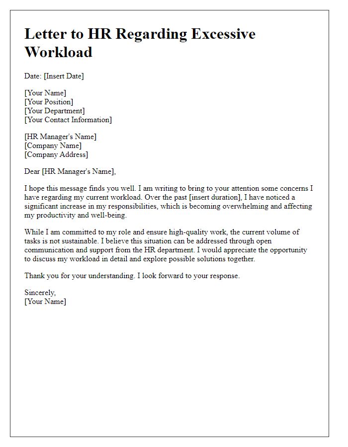 Letter template of discussing excessive workload with HR